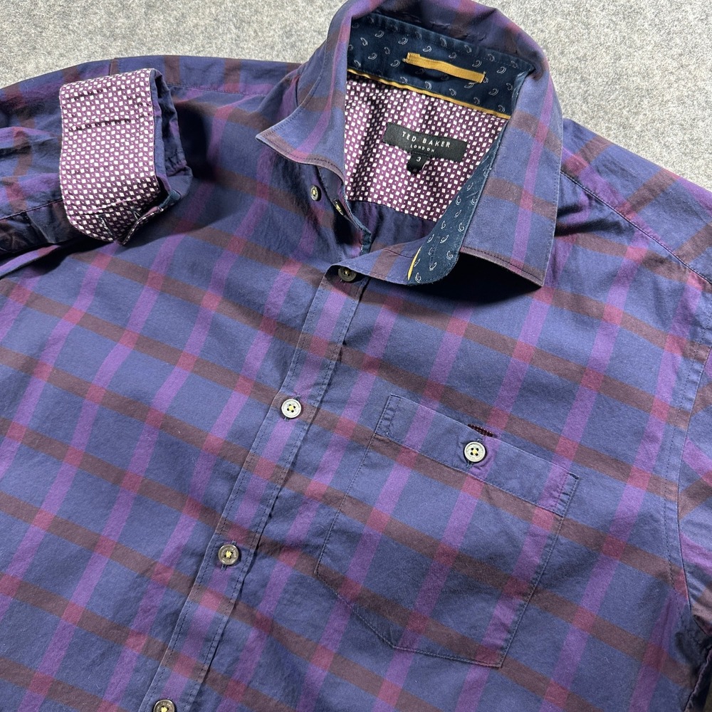 Ted Baker Shirt Mens 3 Purple Plaid Long Sleeve Contrast Cuff Cotton Button Up